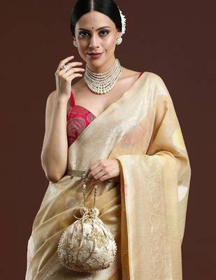 Beige woven design chanderi sarees with blouse piece 2