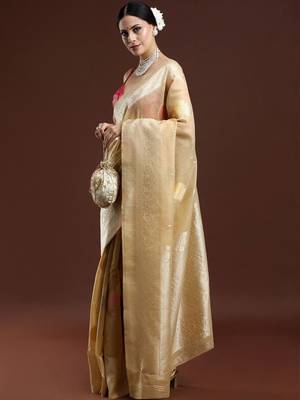 Beige woven design chanderi sarees with blouse piece 3
