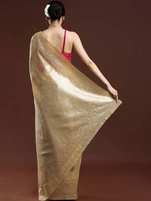 Beige woven design chanderi sarees with blouse piece 4