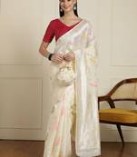 Cream floral motifs printed banarasi saree with blouse piece