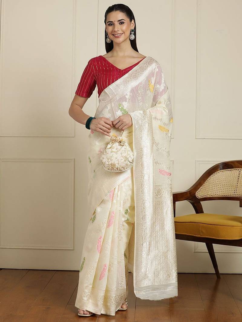 Cream floral motifs printed banarasi saree with blouse piece