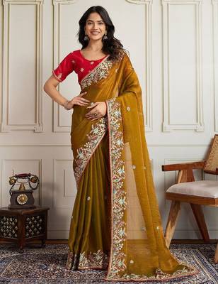 Mustard floral embroidered border saree with unstitched blouse 1