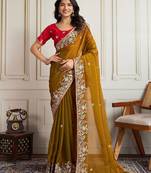 Mustard floral embroidered border saree with unstitched blouse
