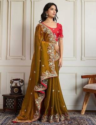 Mustard floral embroidered border saree with unstitched blouse 2