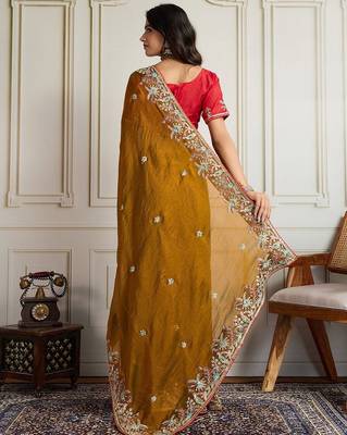 Mustard floral embroidered border saree with unstitched blouse 4