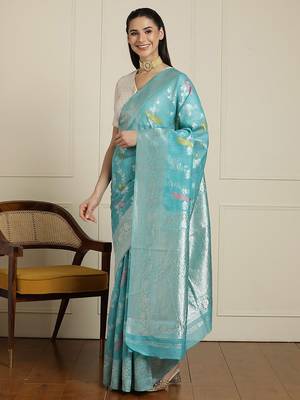 Blue woven design saree with blouse 2