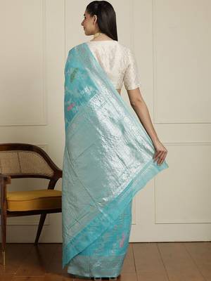 Blue woven design saree with blouse 3
