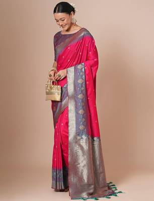 Pink woven design banarasi saree with blouse piece 1