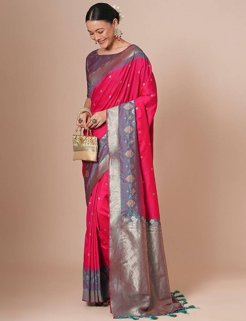 Pink woven design banarasi saree with blouse piece