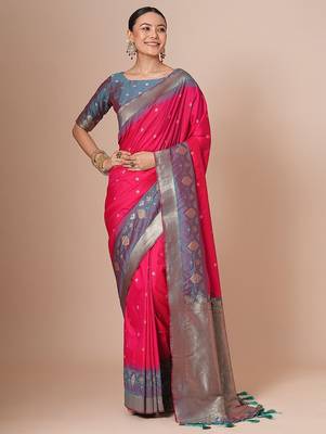 Pink woven design banarasi saree with blouse piece 2