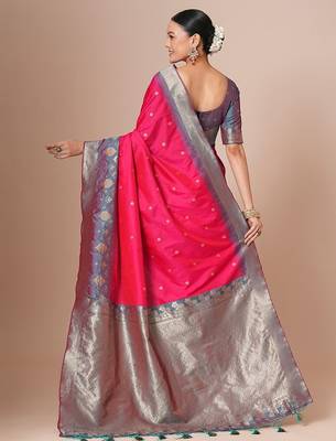 Pink woven design banarasi saree with blouse piece 3