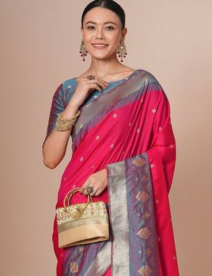 Pink woven design banarasi saree with blouse piece 4