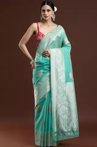 Green woven design chanderi sarees with blouse piece