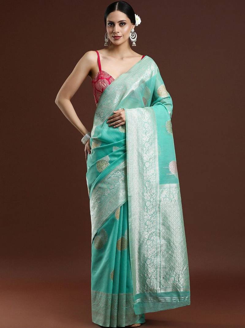 Green woven design chanderi sarees with blouse piece