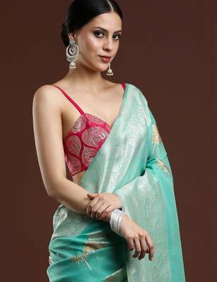 Green woven design chanderi sarees with blouse piece 2