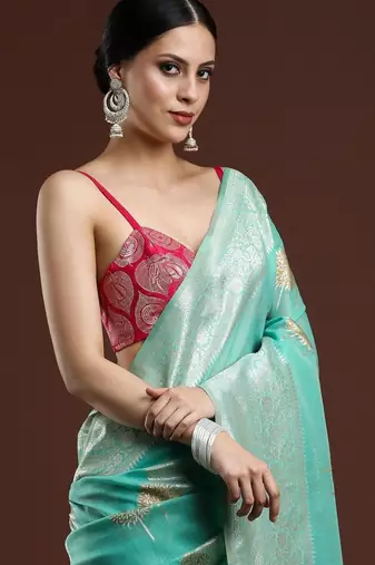 Green woven design chanderi sarees with blouse piece