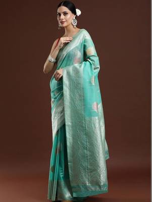 Green woven design chanderi sarees with blouse piece 3
