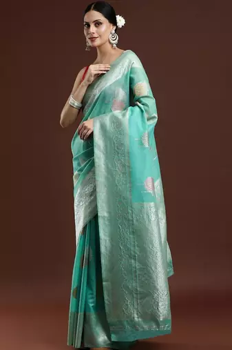 Green woven design chanderi sarees with blouse piece