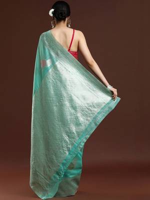Green woven design chanderi sarees with blouse piece 4