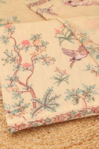 botanical printed linen unstitched dress material with french knot & sequins