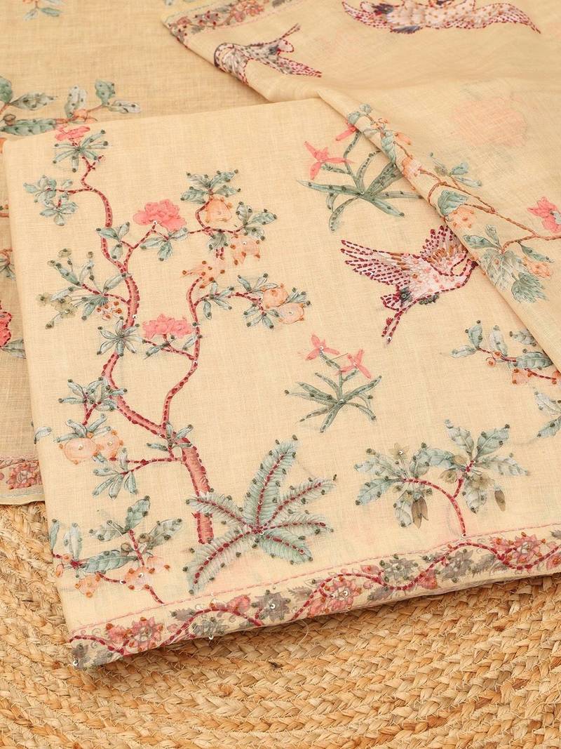 botanical printed linen unstitched dress material with french knot & sequins