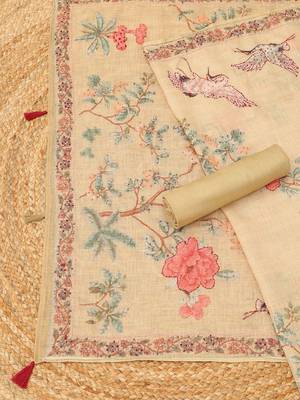 botanical printed linen unstitched dress material with french knot & sequins 2