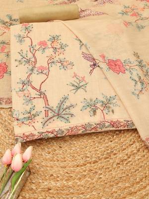 botanical printed linen unstitched dress material with french knot & sequins 3