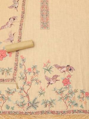 botanical printed linen unstitched dress material with french knot & sequins 5