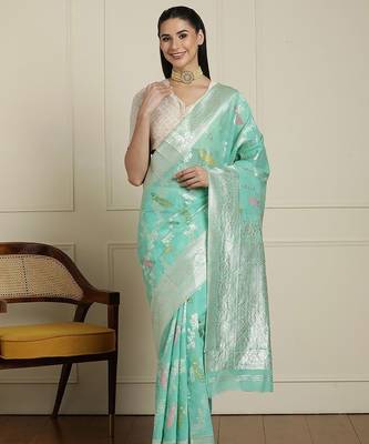 Green floral motif printed banarasi saree with blouse piece 1