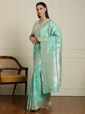 Green floral motif printed banarasi saree with blouse piece 2