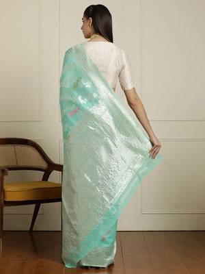 Green floral motif printed banarasi saree with blouse piece 3