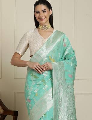 Green floral motif printed banarasi saree with blouse piece 4