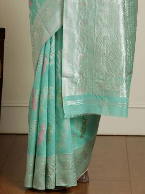 Green floral motif printed banarasi saree with blouse piece 5