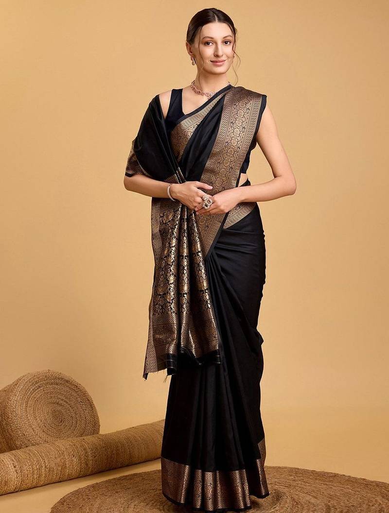Black solid woven design zari art silk kanjeevaram saree