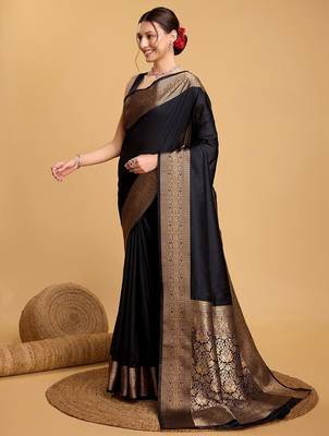 Black solid woven design zari art silk kanjeevaram saree 2