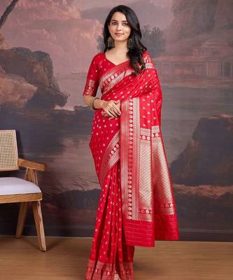 Red woven design zari ethnic motifs saree 1