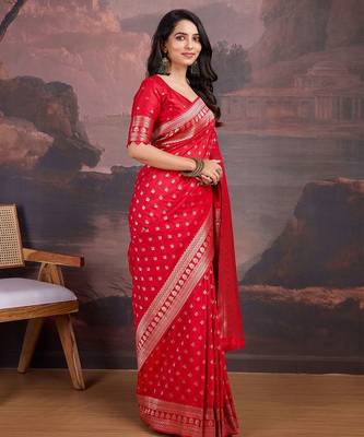 Red woven design zari ethnic motifs saree 2