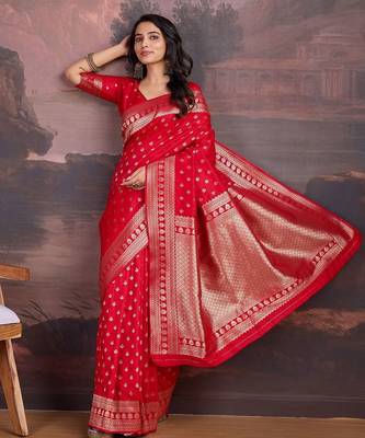 Red woven design zari ethnic motifs saree 4