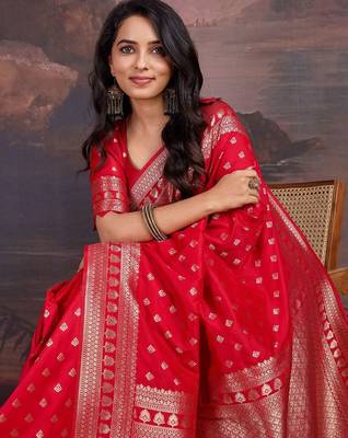 Red woven design zari ethnic motifs saree 5