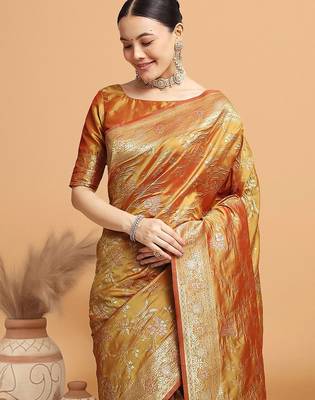 Mustard ethnic motifs woven design kanjeevaram saree 1
