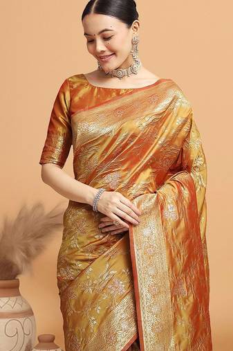 Mustard ethnic motifs woven design kanjeevaram saree