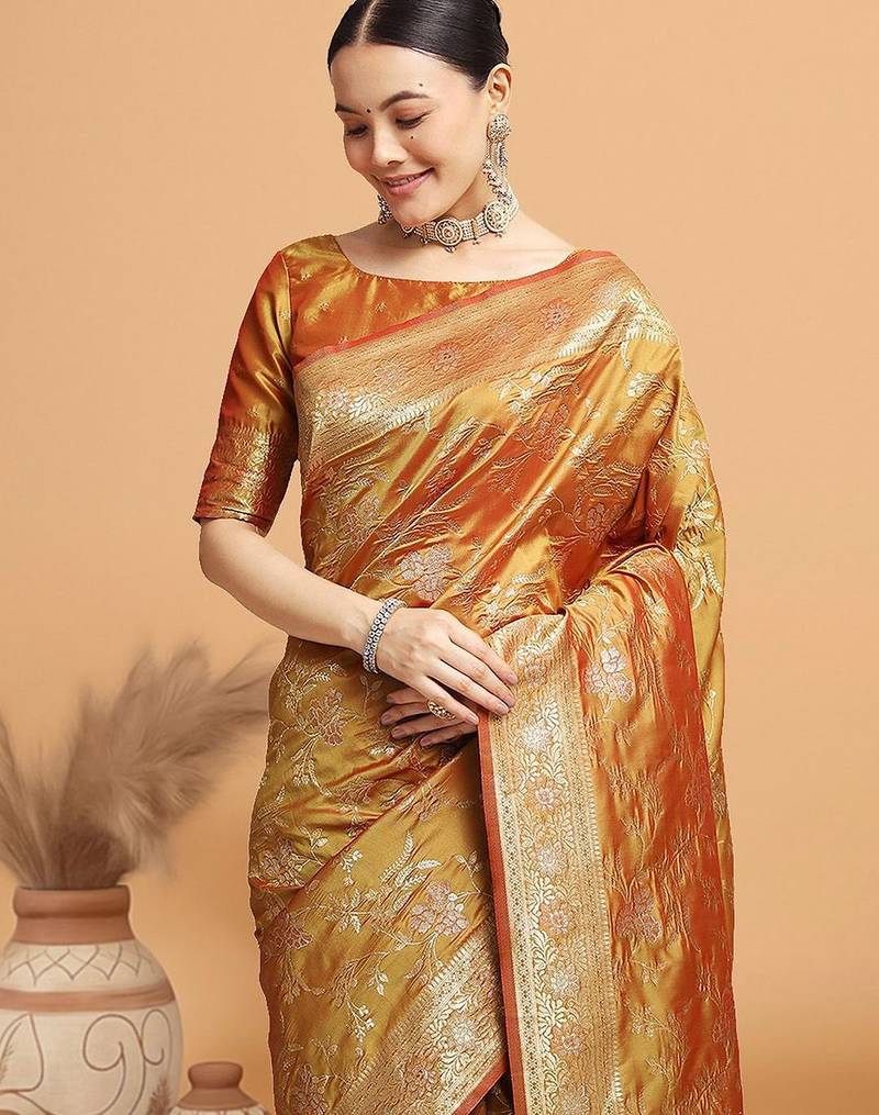 Mustard ethnic motifs woven design kanjeevaram saree