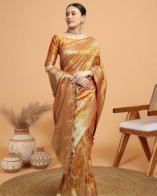 Mustard ethnic motifs woven design kanjeevaram saree 3