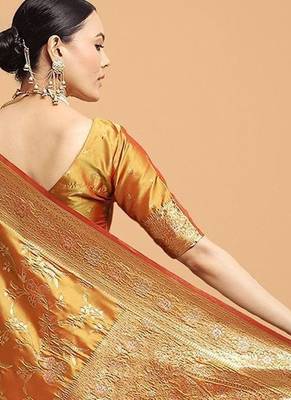 Mustard ethnic motifs woven design kanjeevaram saree 4