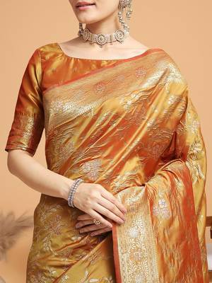 Mustard ethnic motifs woven design kanjeevaram saree 5