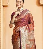 Rust ethnic motifs woven design kanjeevaram saree
