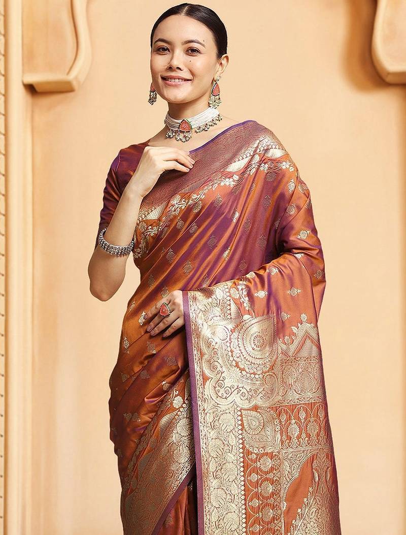 Rust ethnic motifs woven design kanjeevaram saree
