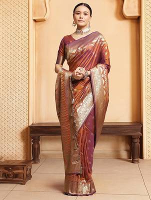 Rust ethnic motifs woven design kanjeevaram saree 2