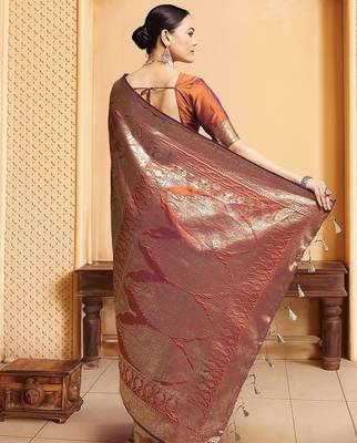 Rust ethnic motifs woven design kanjeevaram saree 3