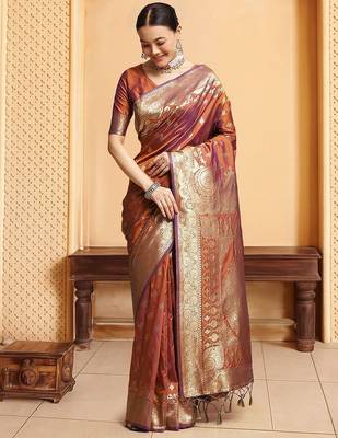 Rust ethnic motifs woven design kanjeevaram saree 4